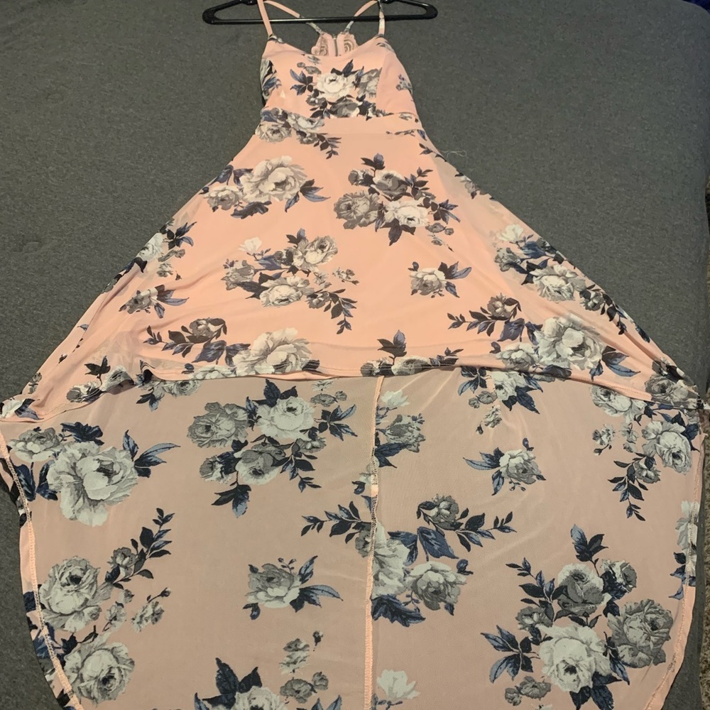Pink, floral, hi-low, cut out lace back dress